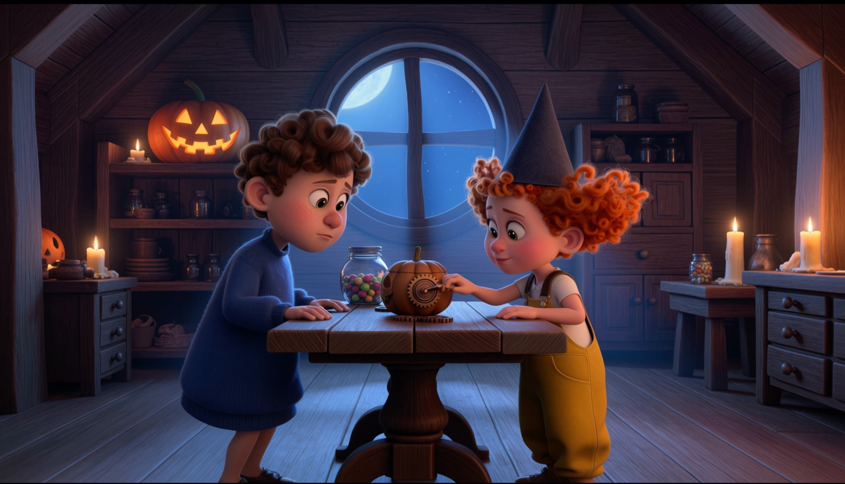 Pre-made animated short: two young inventors build machines in an attic and explore the sky from a rooftop
