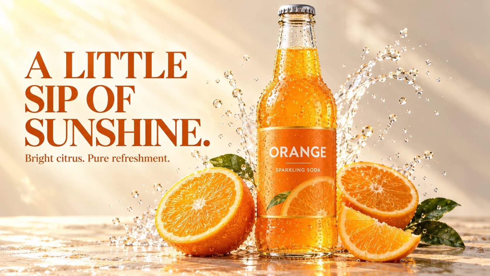 Pre-made sample: An orange soda bottle with fresh oranges, splashing water and a sunshine headline on an ivory background