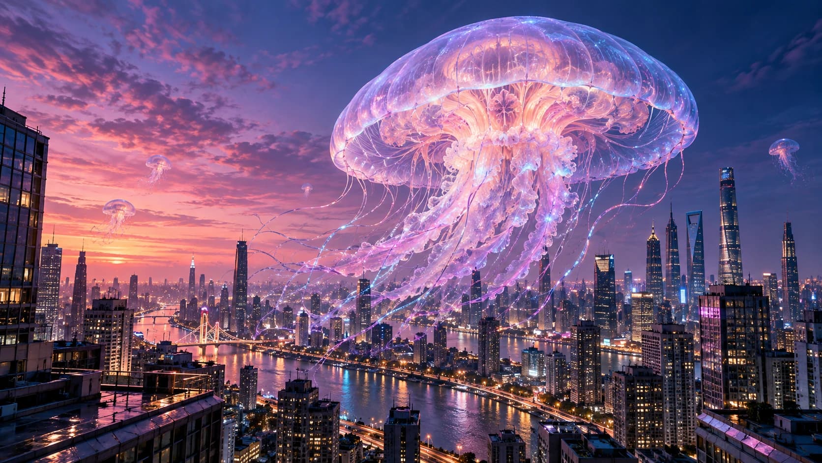 Pre-made sample: A giant glowing pink and lavender jellyfish floating above a city skyline and river at dusk