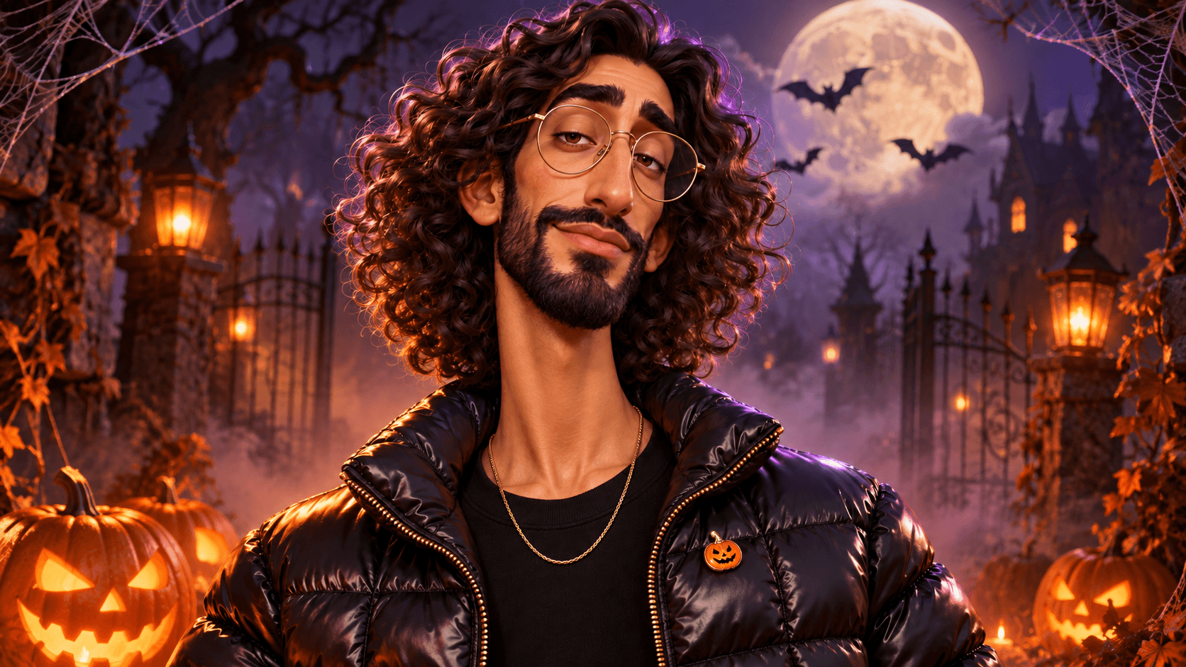 Sample artwork: A long-haired, curly-haired man wearing gold-rimmed glasses and a glossy black jacket in a Halloween garden surrounded by glowing pumpkins, bats, and a full moon